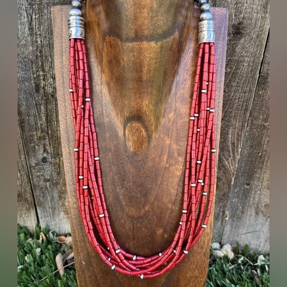 Sterling Silver Multi Strand Red Bamboo Coral W Pearls Bead Necklace 24 Inch